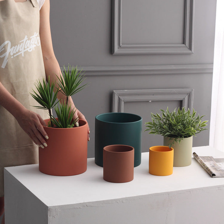 Modern Nordic Ceramic Pots 🌸 Minimal Cylinder Flower Planters with Drain Tray — Chic Home Decor
