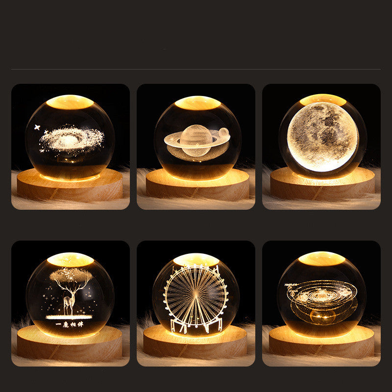 Set of six transparent spherical lamps with engraved designs on a wooden base.