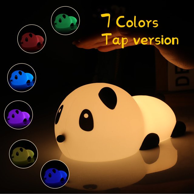 Panda-shaped night light with 7 color options on a dark background
