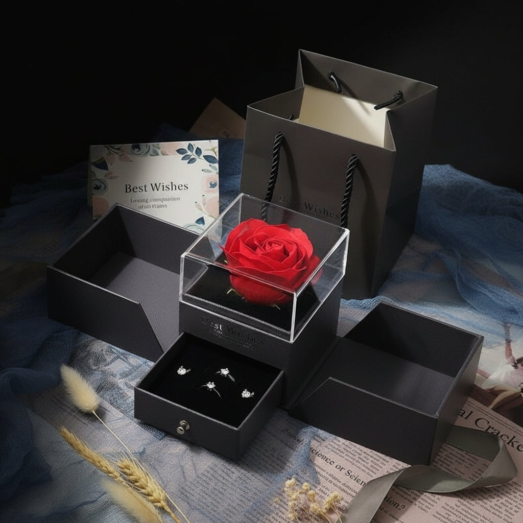 Gray gift box with a red rose and jewelry on a decorative surface