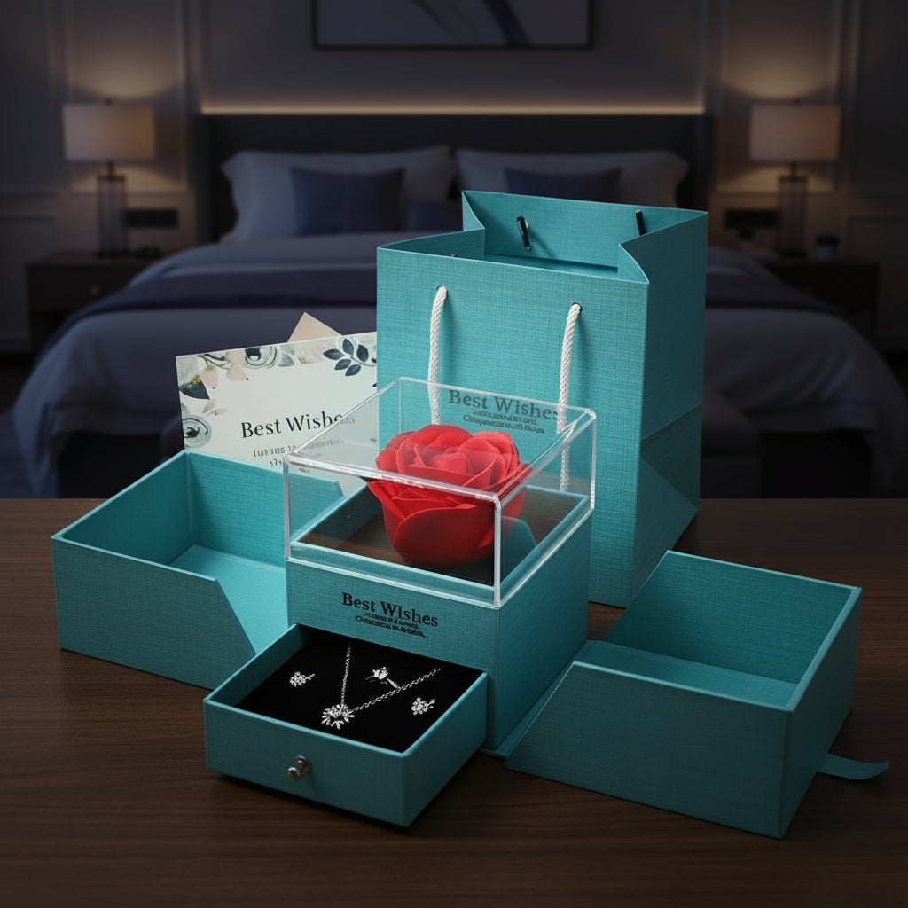 Turquoise jewelry box with a red rose and necklace on a newspaper background