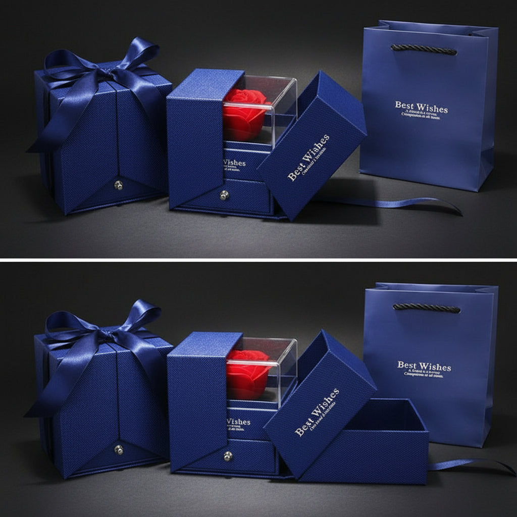 Blue gift box with a red heart-shaped object inside on a white background