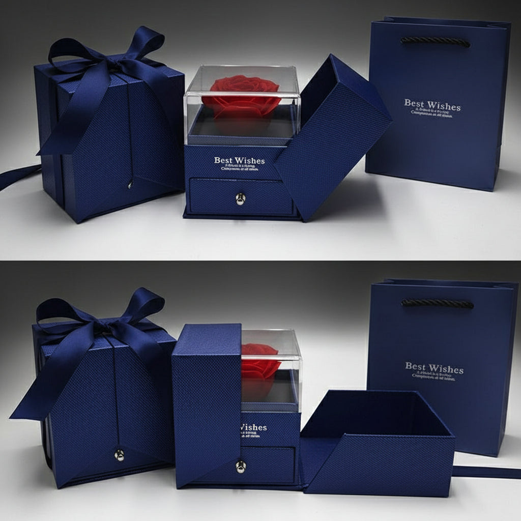 Blue gift box with a red heart-shaped object inside on a white background