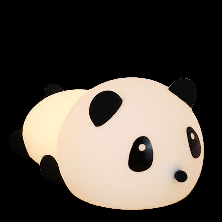 Panda-shaped night light on a wooden surface with color options displayed below.