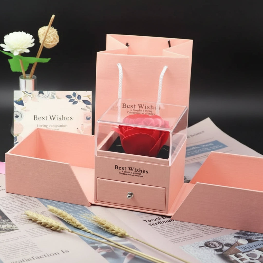 Pink jewelry box with heart-shaped object and 'Best Wishes' card on a newspaper background