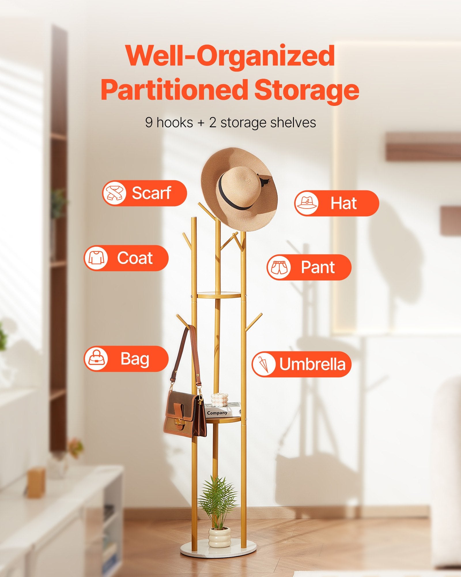 Gold coat rack with hooks and shelves in a room setting, labeled for use.