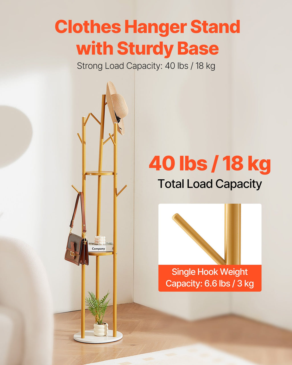 Clothes hanger stand with sturdy base and load capacity details on a white background