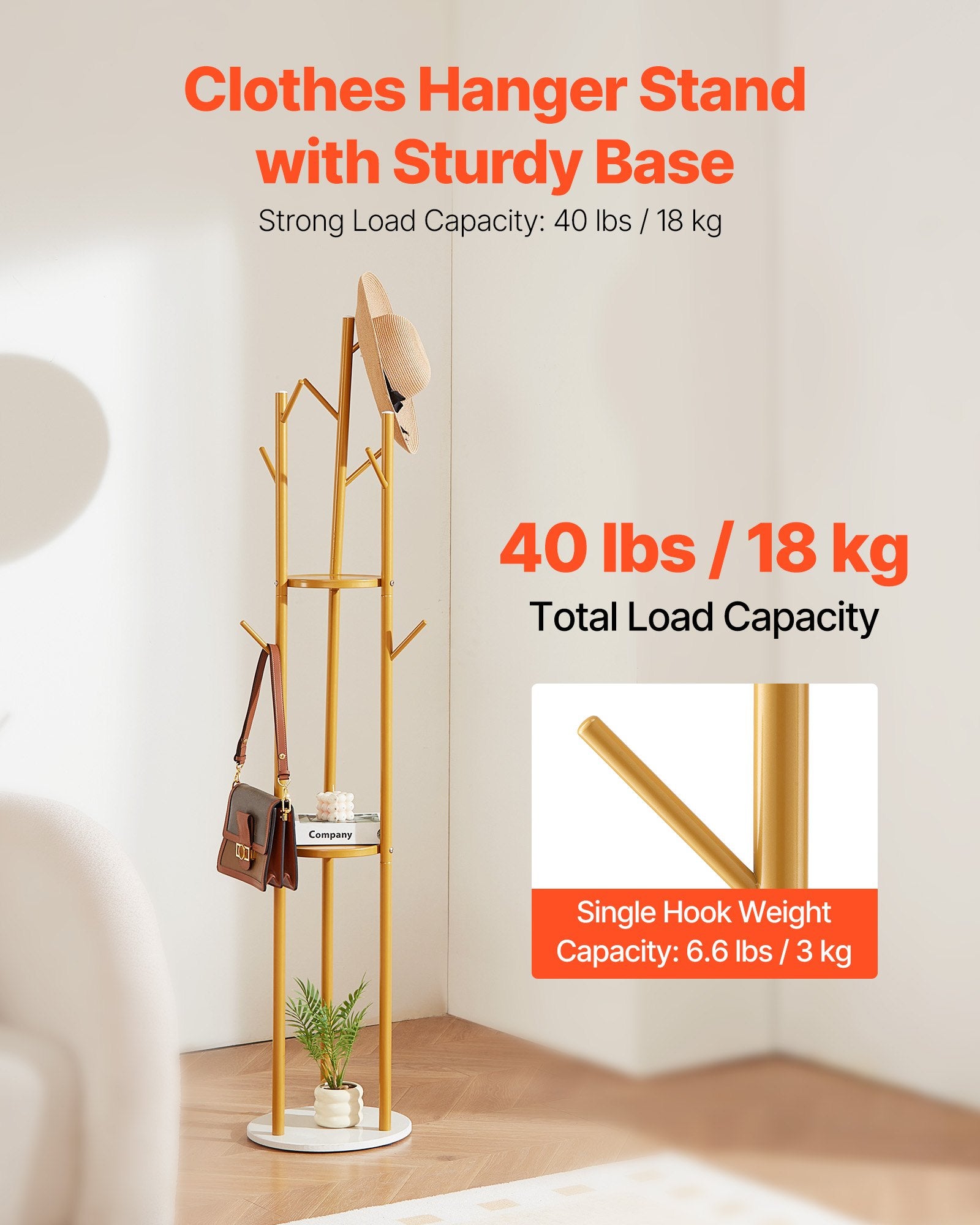 Clothes hanger stand with sturdy base and load capacity details on a white background