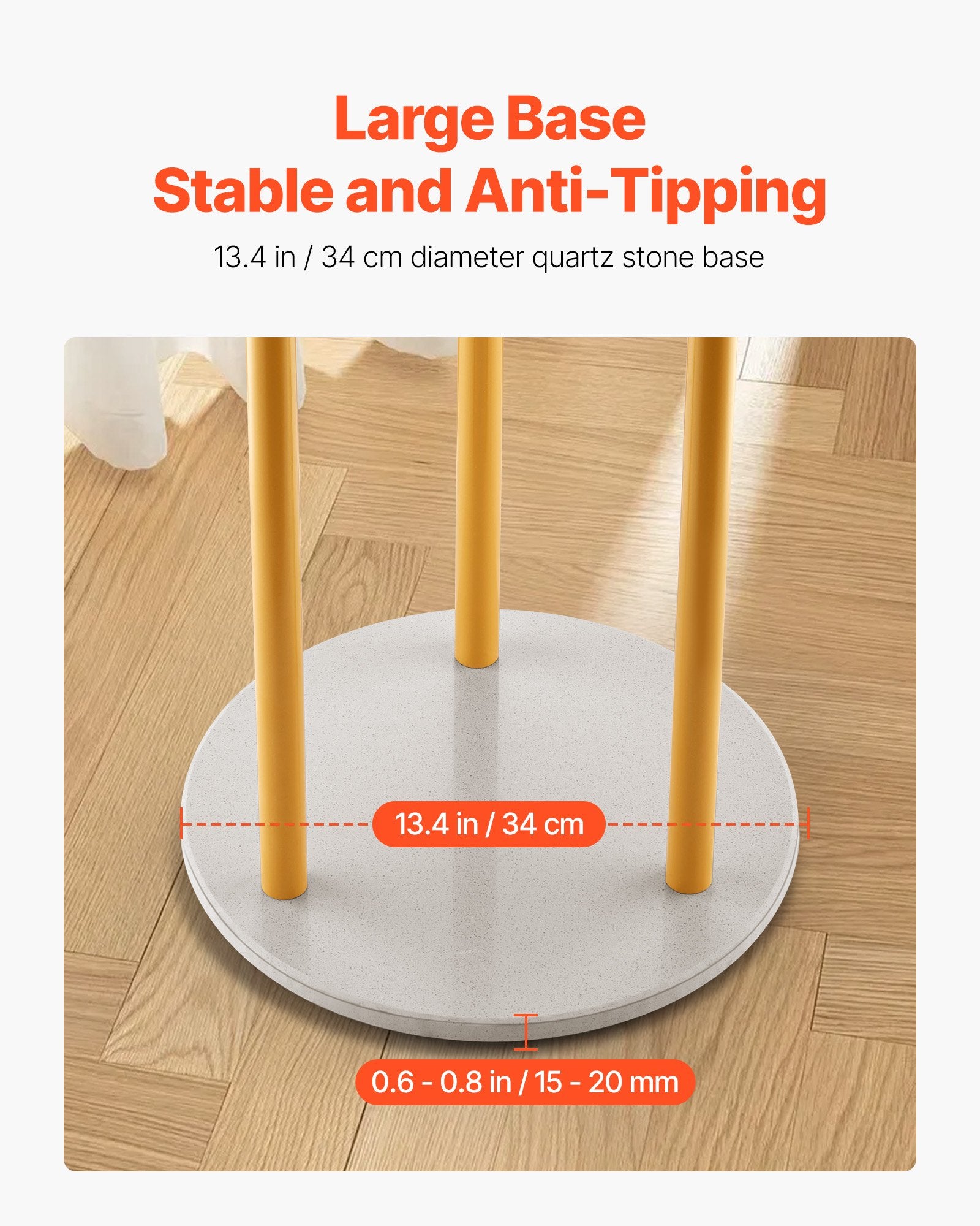 Stable and anti-tipping table base with large diameter and height measurements on a wooden floor.