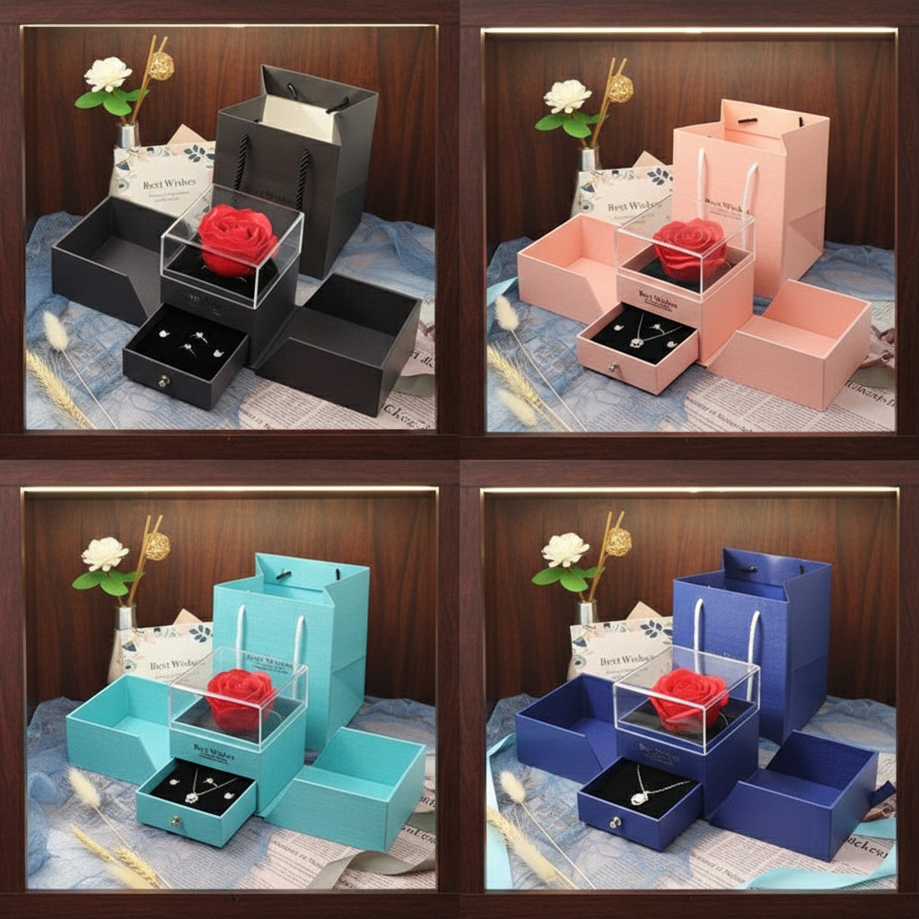 Four different colored jewelry boxes with a rose and necklace inside, on a newspaper background.