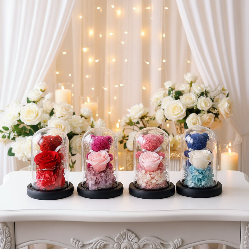 Illuminated Rose Accent Lamp & Teddy Bear Set