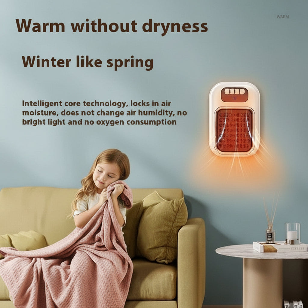 Person wrapped in a blanket next to a wall-mounted heater with text about its benefits.