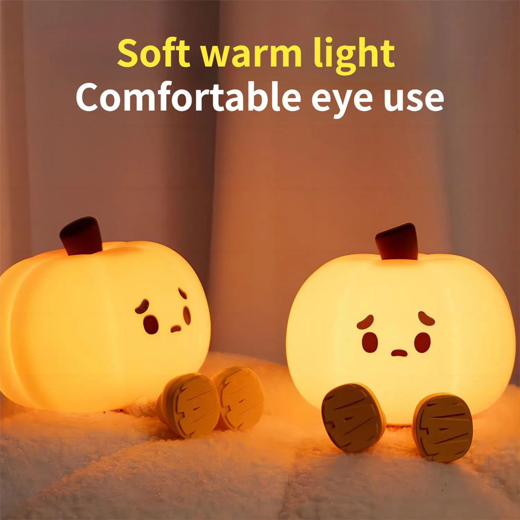 Cute Pumpkin LED Night Light 🎃 Soft Silicone Touch Lamp for Kids — Dimmable & Rechargeable