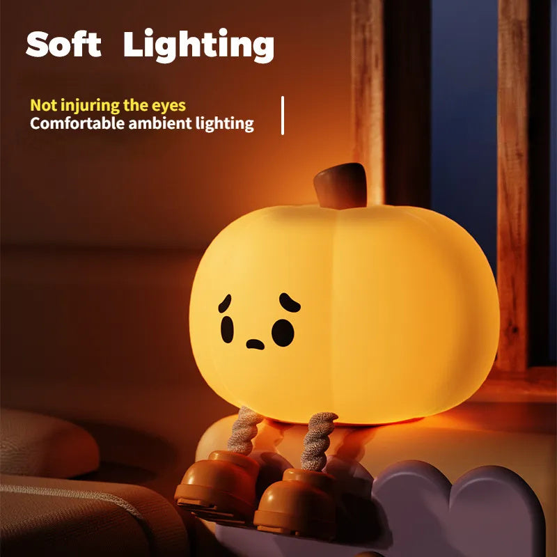 Cute Pumpkin LED Night Light 🎃 Soft Silicone Touch Lamp for Kids — Dimmable & Rechargeable