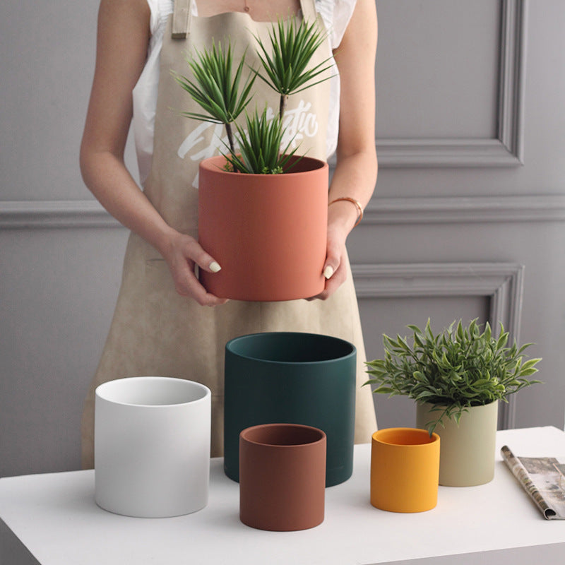 Modern Nordic Ceramic Pots 🌸 Minimal Cylinder Flower Planters with Drain Tray — Chic Home Decor